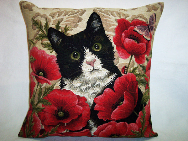 PILLOW COVER BLACK AND WHITE CAT WITH POPPIES