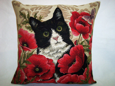 PILLOW COVER BLACK AND WHITE CAT WITH POPPIES
