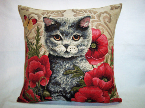 PILLOW COVER GREY CAT WITH POPPIES