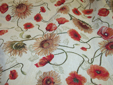 Poppies and sunflowers background ecru fabric weaving tapestry