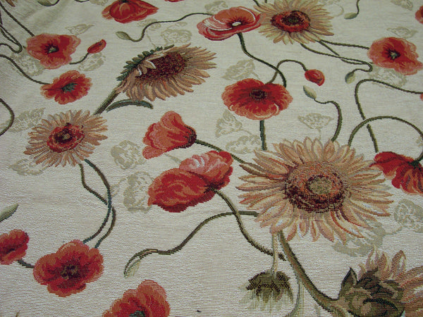 Poppies and sunflowers background ecru fabric weaving tapestry